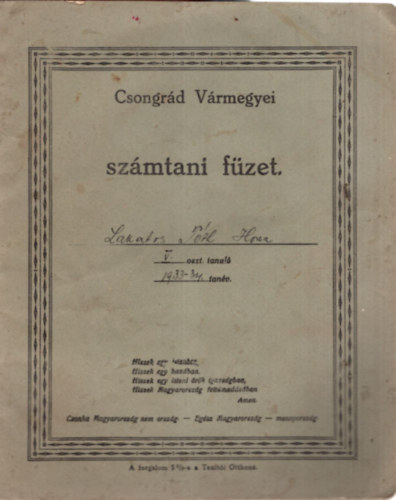 Csongr�d V�rmegyei sz�mtani f�zet