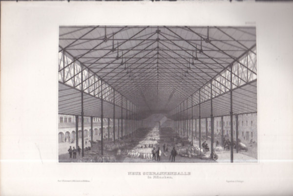 Neue Schrannenhalle in Mnchen (j Schrannenhalle Mnchenben, Nmetorszg, Eurpa) (16x23,5 cm mret eredeti aclmetszet, 1856-bl)