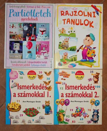 4 foglalkoztat� f�zet gyerekeknek: Rajzolni tanulok, Ismerked�s a sz�mokkal I-II., Parti�tletek gyerekeknek