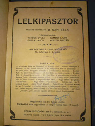 D. Kapi Béla - Lelkipásztor (1934 December-1935 Január XI. évfolyam 1-2. szám)