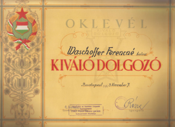 Kiv�l� dolgoz� oklev�l (Szocre�l oklev�l)