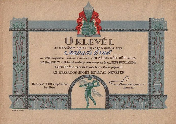 Oklev�l 1948-b�l (M�ret 17x24 cm)- Orsz�gos Sport Hivatal