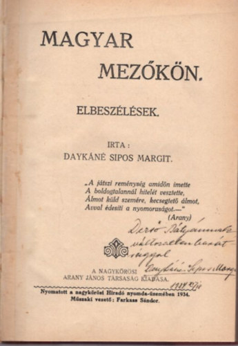 Daykn Sipos Margit - Magyar mezkn - elbeszlsek- dediklt