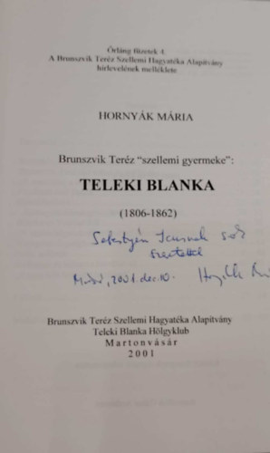 Horny�k M�ria - Brunszvik Ter�z "szellemi gyermeke": Teleki Blanka, 1806-1862