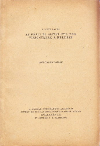 Ligeti Lajos - Az urli s altji nyelvek viszonynak a krdse - Klnlenyomat