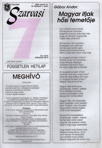 Szenes Jnos - Szarvasi 7 Fggetlen hetilap 2003. IX. vfolyam 1., 3-52. szm