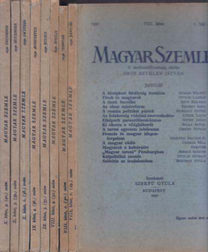 Bethlen István gróf - 8 db Magyar Szemle: 1930/január+február+április+július+augusztus+október+november+december
