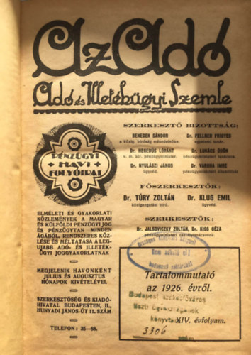 Dr. Dr. Klug Emil T�ry Zolt�n - Az ad� - Ad� �s Illet�k�gyi Szemle - 1926 (XIV. �vf.)