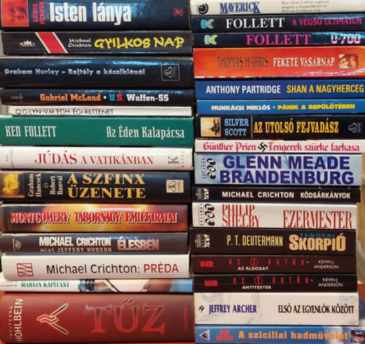 Thomas Harris, Anthony Partridge, Glenn Meade, Philip Shelby, Kevin J. Anderson, Jeffrey Archer, Jack Higgins Juan Gómez-Jurado - 29 db Szórakoztató irodalom kötet: Isten lánya, Gyilkos nap, Rejtély a kőszikláknál, U.S. Waffen-SS, Égi rettenet, Az éden kalapácsa, Júdás a Vatikánban, A Szfinxek üzenete, Montgomery tábornagy emlékiratai, Élesben, Préda, Marvin
