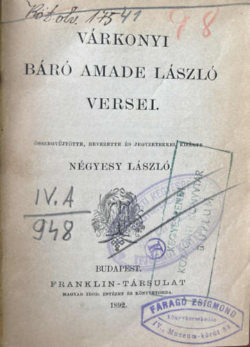 Várkonyi báró Amade László versei (Olcsó könyvtár)