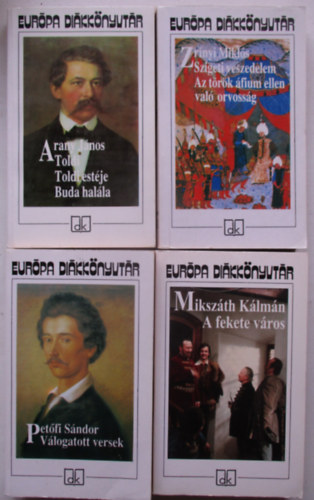 4 db a Diákkönyvtár sorozatból magyar szerzőktől (Szigeti veszedelem, A fekete Város, Petőfi válogatott versek, Toldi trilógia)