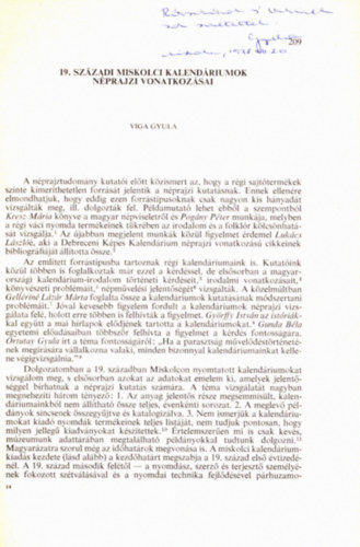 Viga Gyula - 19. szzadi miskolci kalendriumok nprajzi vonatkozsai (dediklt)