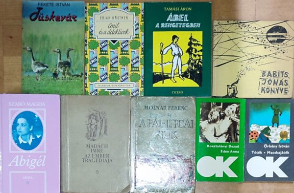 Molnr Ferenc, Szab Magda, Tamsi ron, Fekete Istvn, Erich Kstner, Babits Mihly, Kosztolnyi Dezs, rkny Istvn Madch Imre - 9db ktelez olvasmny - Madch-Az ember tragdija, Molnr F.-A Pl utcai fik, Szab M.-Abigl, Tamsi .-bel a rengetegben, Fekete I.-Tskevr, E. Kastner-Emil s a detektvek, Babits-Jns knyve, Kosztolnyi D.-des Anna,