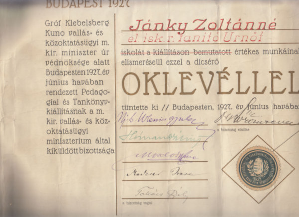 Oklevl - Pedaggiai s Tanknyvkillts - Budapest 1927 (eredeti alrsokkal) (45x35 cm)