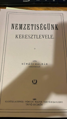 N�m�ti K�lm�n - Nemzetis�g�nk keresztlevele (1892)