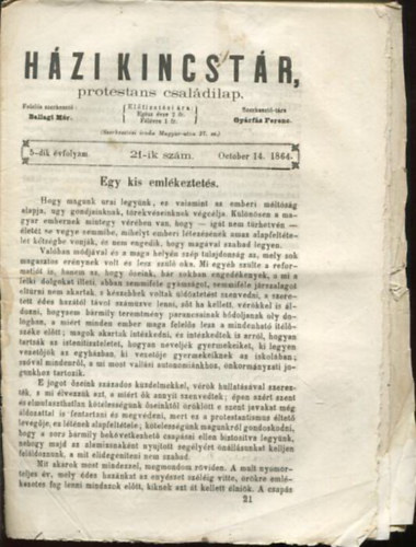 Gyárfás Ferenc Ballagi Mór (szerk.) - Házi kincstár. Protestáns családi lap. 5-dik évfolyam. 21-ik szám. October 14. 1864.