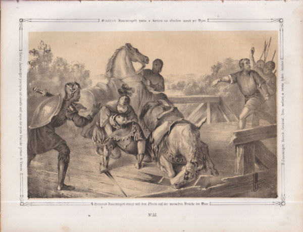 Jasomirgott Henrik, Cov�val, B�cs mellett a reves h�don lezuhan - eredeti litogr�fia (metszet)