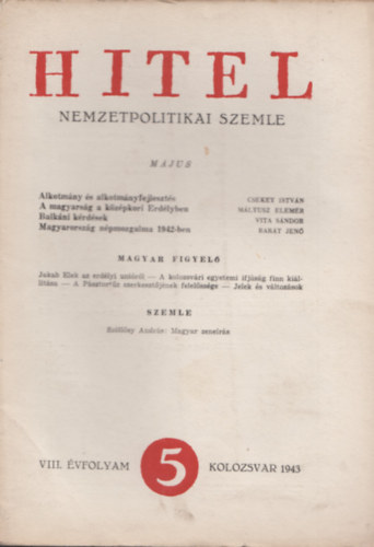 Kki Bla szerk. Kiss Jen  (szerk.) - Hitel nemzetpolitikai szemle VIII. vfolyam / 1943 mjus