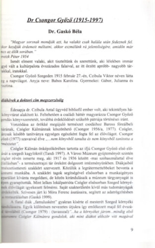 Dr. Gask Bla - Dr. Csongor Gyz ( 1915-1997 ) Termszettudomnyi Tanulmnyok Studia Naturalia 1. - Klnlenyomat