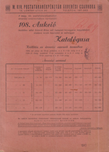M. Kir. Postatakarkpnztr rversi Csarnoka 108. aukcijnak katalgusa