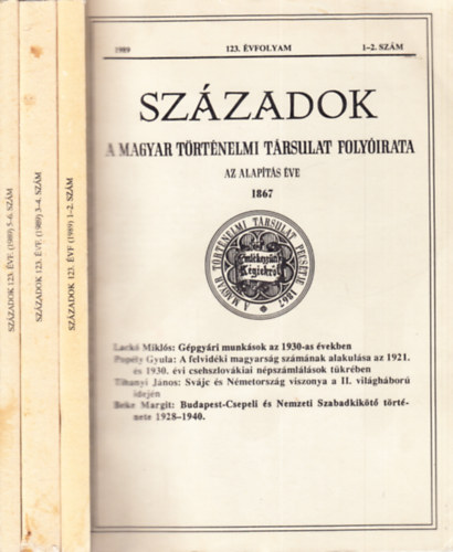Sz�zadok 1989/1-6. (teljes �vfolyam, 3 k�tetben)