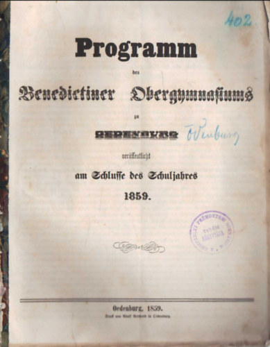Programm des Benedictiner Obergymnasiums zu Oedenburg 1859 ( Sopron )