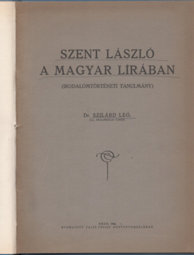 Szilrd Le - Szent Lszl a magyar lrban (irodalomtrtneti tanulmny)