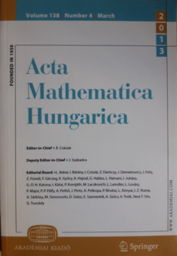 . Csszr Editor-in-Chief - Acta Mathematica Hungarica Volume 138, Number 4, March 2013