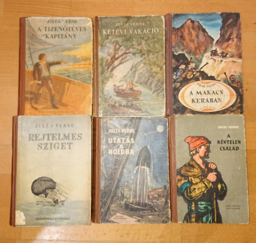 Jules Verne - 6 db Jules Verne reg�ny: A tizen�t �ves kapit�ny, K�t�vi vak�ci�, A makacs Keraban, Rejtelmes sziget, Utaz�s a Holdba, A n�vtelen csal�d
