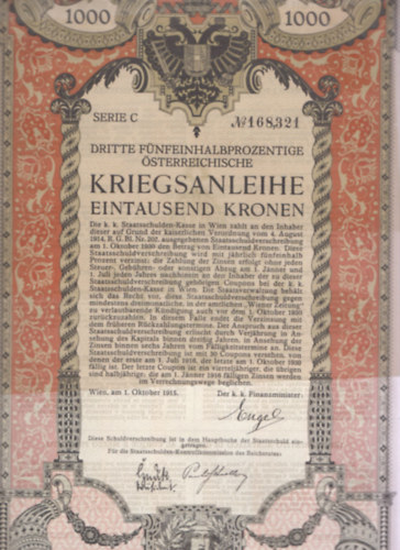 Dritte fnfeinhalbprozentige sterreichische kriegsanleihe (hadiktvny)- trtnelmi rtkpapr, eredeti