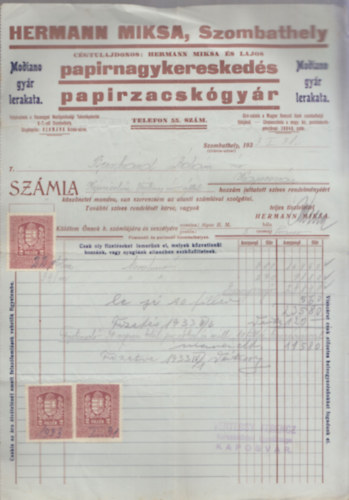 Szmla - Hermann Miksa Paprnagykereskeds (1933)