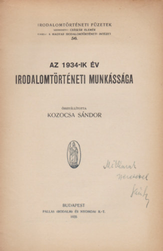 Kozocsa S�ndor - Az 1934-ik �v irodalomt�rt�neti munk�ss�ga