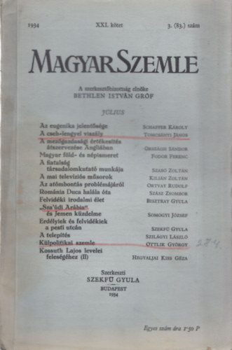 Szekf Gyula  (Szerk.) - Magyar szemle 1934 jlius XXI. ktet 3. (83.) szm