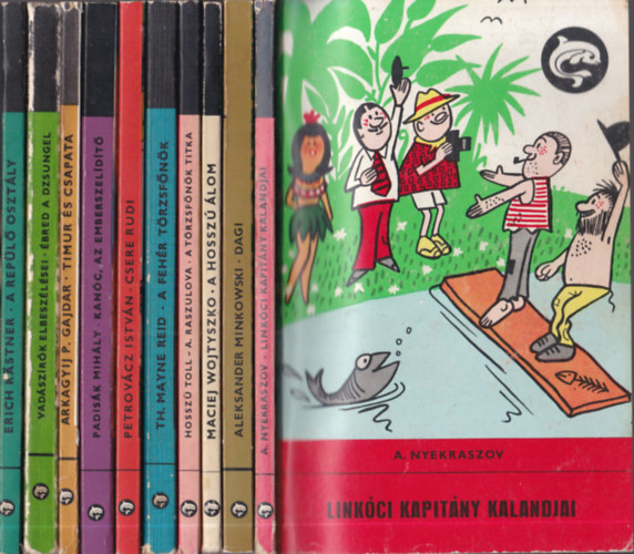 10 db Delfin Könyv: Linkóci kapitány kalandjai + Dagi + A hosszú álom + A törzsfőnök titka + A fehér törzsfőnök + Csere Rudi + Kanóc, az emberszelidítő + Timur és csapata + Ébred a dzsungel + A repülő osztály