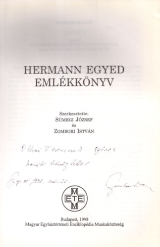 S�megi J�zsef Zombori Istv�n - Hermann Egyed eml�kk�nyv   / DEDIK�LT/