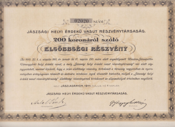 J�szs�gi Helyi �rdek� Vasut R�szv�nyt�rsas�g Els�bbs�gi r�szv�nye (t�rt�nelmi �rt�kpap�r, eredeti)