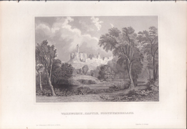 Warkworth-Castle, Northumberland (Warkworth kastély, Northumberland megye, Anglia, Európa) (16x23,5 cm méretű eredeti acélmetszet, 1856-ból)
