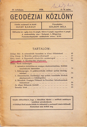 Oltay Kroly - Geodziai kzlny 1928/4-6. szm