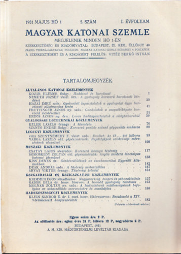 Vitz Berk Istvn  (szerk.) - Magyar Katonai Szemle 1931 mjus h, 5. szm, I. vfolyam