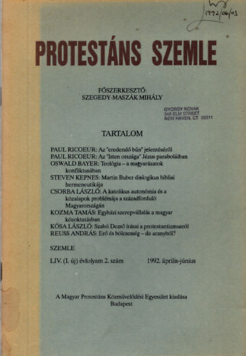Szegedy-Maszák Mihály (főszerk.) - Protestáns szemle LIV.(I.új) évfolyam 2.szám 1992.április-június