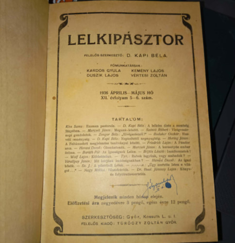 Kapi B�la - Lelkip�sztor (1936 �prilis-M�jus XII. �vfolyam 5-6. sz�m)