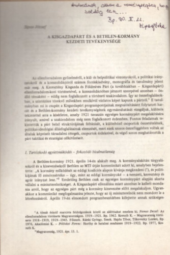 A Kisgazdapárt és a Bethlen-kormány kezdeti tevékenysége - Különlenyomat - dedikált