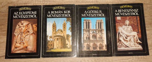 4 kötet a Dióhéjban című művészettörténeti könyvsorozatból:Dióhéjban Egyiptom művésuzetéről, A román kor művészetéről, A gótika művészetéről, A reneszánsz művészetéről