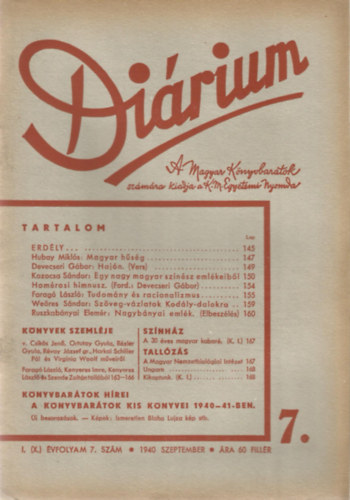 M�t� K�roly-Kenyeres Imre - Di�rium I. (X.) �vfolyam 7. Sz�m - 1940 Szeptember