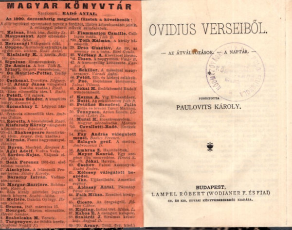 Paulovits Károly ford. - Ovidius verseiből - Magyar Könyvtár sorozatból