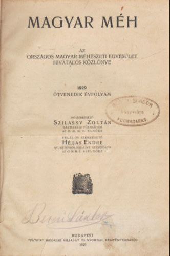 Hjjas Endre  (szerk.) Szilassy Zoltn (fszerk.) - Magyar mh 1929-1930 fvolyamok  egyben
