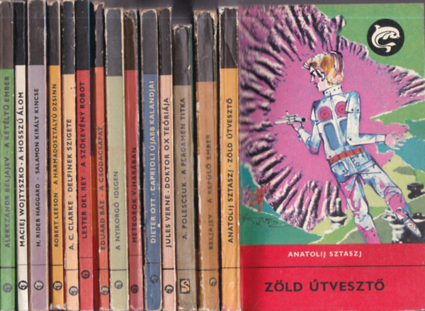 14 db. sci-fi témájú Delfin könyvek (Zöld útvesztő + A repülő ember + A pergamen titka + Doktor Ox teóriája + Caprioli újabb kalandjai + Meteorok viharában + A nyikorgó idegen + A csodacsapat + A szökevény robot + Delfinek szigete + A