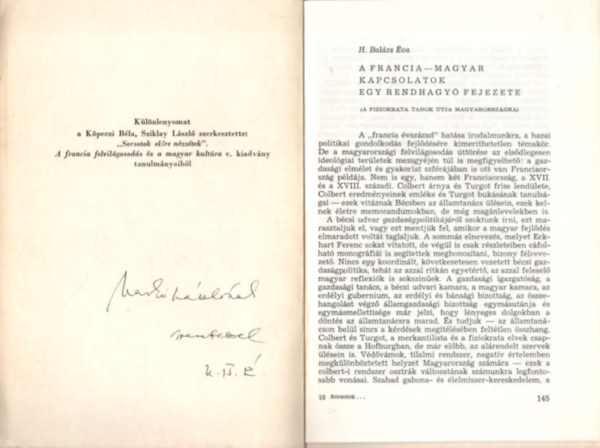 H. Bal�zs �va - A francia-magyar kapcsolatok egy rendhagy� fejezete ( a fiziokrata tanok �tja Magyarorsz�gon ) K�l�nlenyomat -  dedik�lt