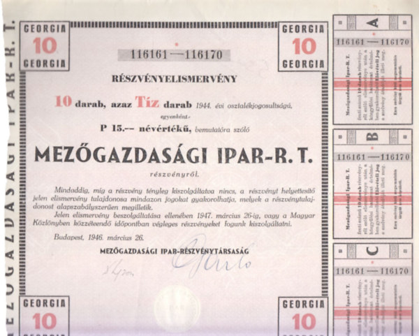 Rszvnyelismervny 10 db. Mezgazdasgi Ipar R.T. rszvnyrl (trtnelmi rtkpapr, eredeti)