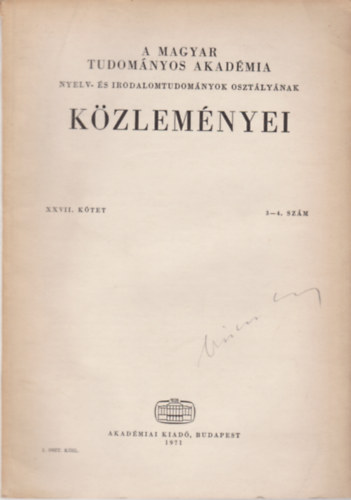 A Magyar Tudom�nyos Akad�mia k�zlem�nyei XXVII. k�tet, 3-4. sz�m